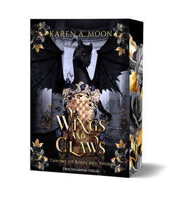 Das Cover zeigt einen gepolsterten, goldenen Thron zwischen zwei Säulen. Darüber sieht man einen schwarzen Drachen. Der Titel befindet sich im unteren Bereich des Covers. Blumen sind als Schmuck um den Thron und in den Ecken verteilt. Der Buchschnitt ist schwarz und mit dem gleichen Blumenschmuck verziert.